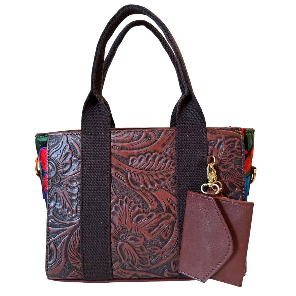 Vibrant Mexican‎ Artisanal Floral Tapestry Tooled Vegan Leather Satchel Purse OS